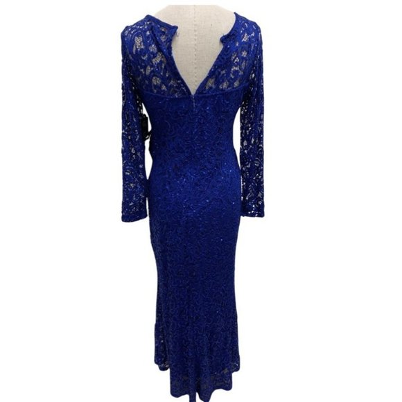 NWT Marina Women's Cobalt Blue Paisly Lace w/Sequins Formal Gown Size 10 - Picture 3 of 11